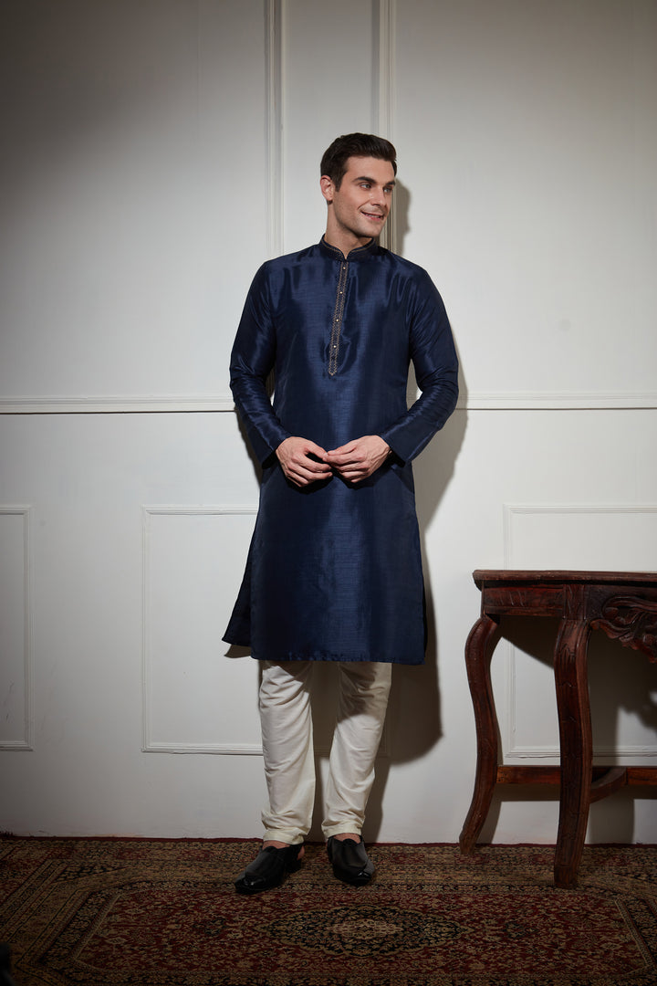 NAVY BLUE SILK KURTA SET