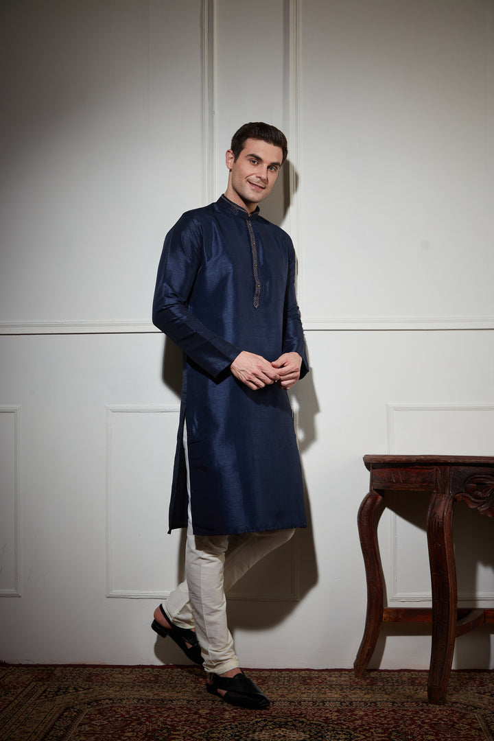 NAVY BLUE SILK KURTA SET