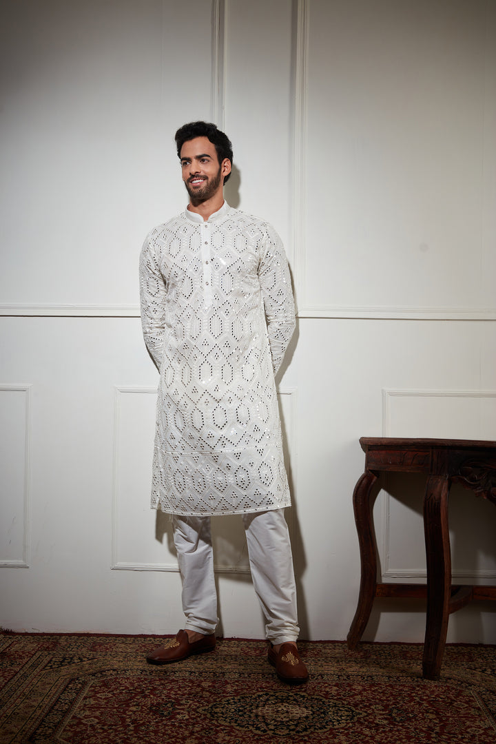 Mirror Sequence work white kurta