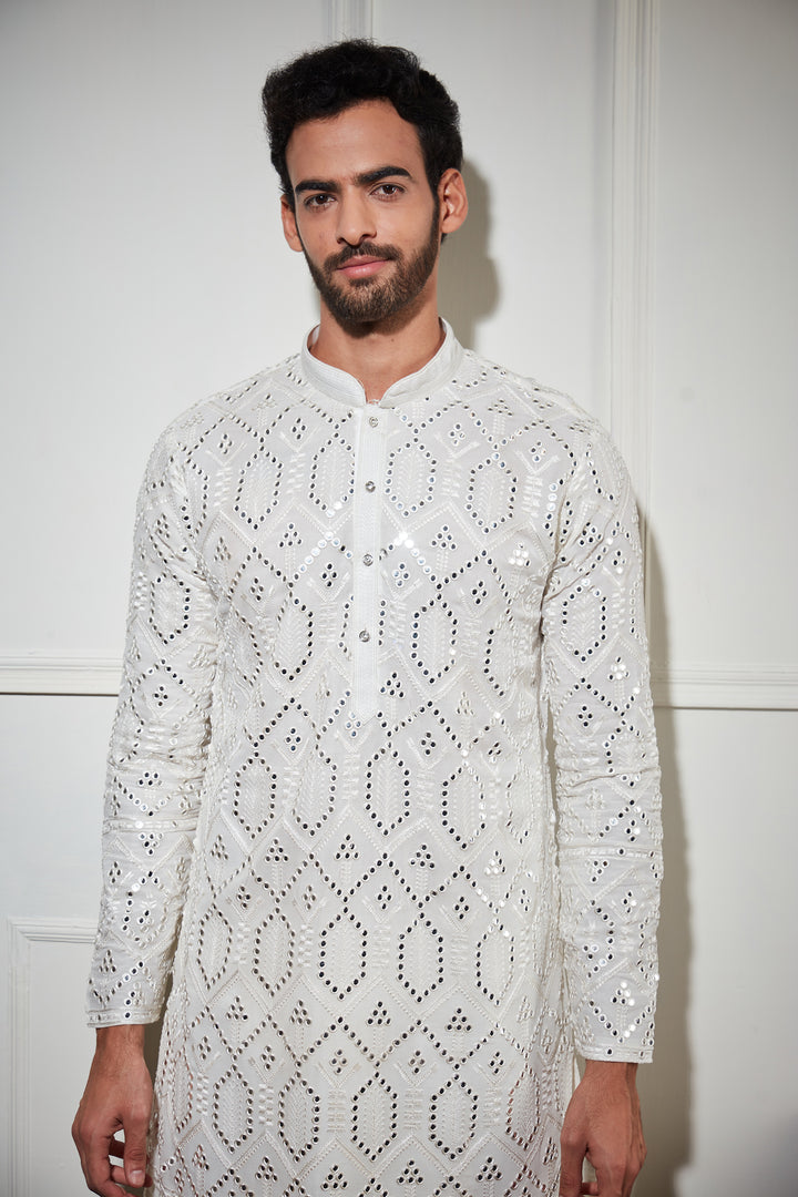 Mirror Sequence work white kurta