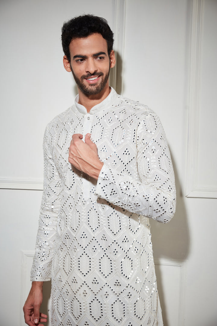 Mirror Sequence work white kurta
