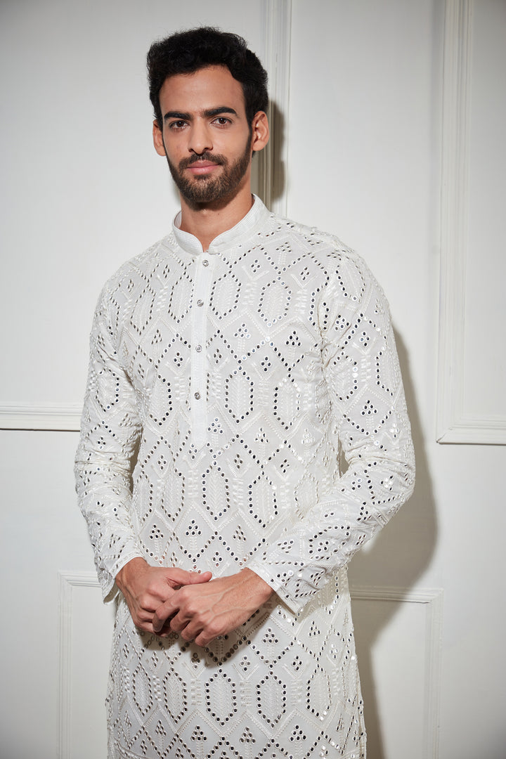 Mirror Sequence work white kurta