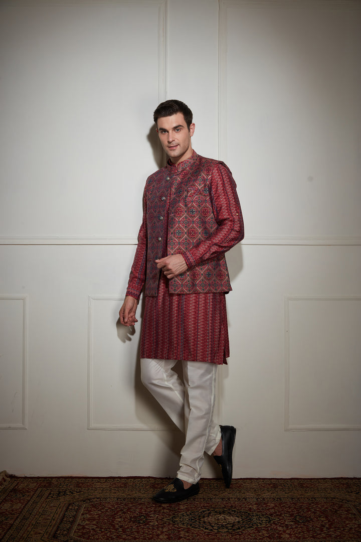 Maroon Printed Kurta Bandi Set