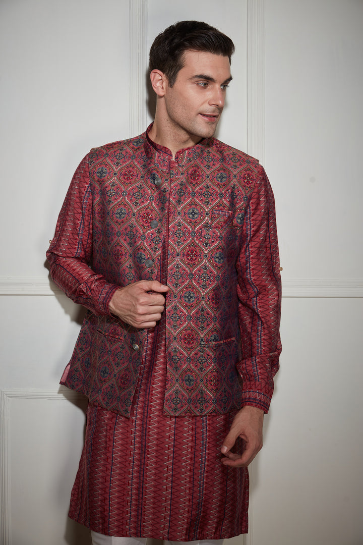 Maroon Printed Kurta Bandi Set