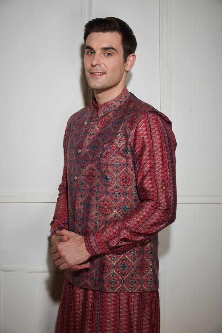 Maroon Printed Kurta Bandi Set