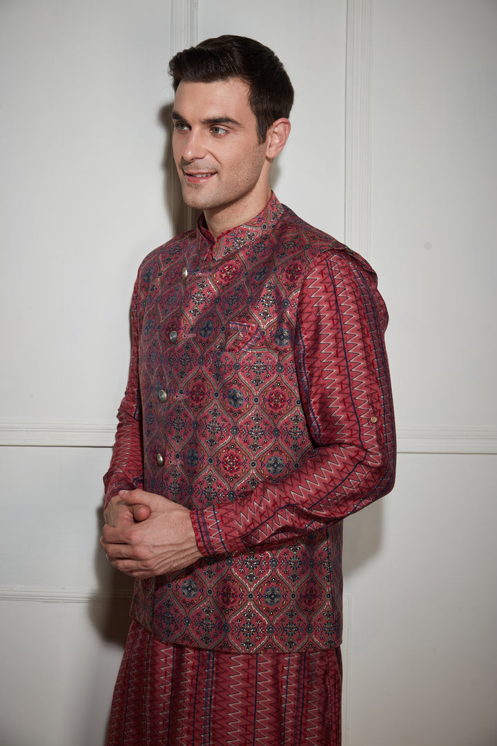 Maroon Printed Kurta Bandi Set