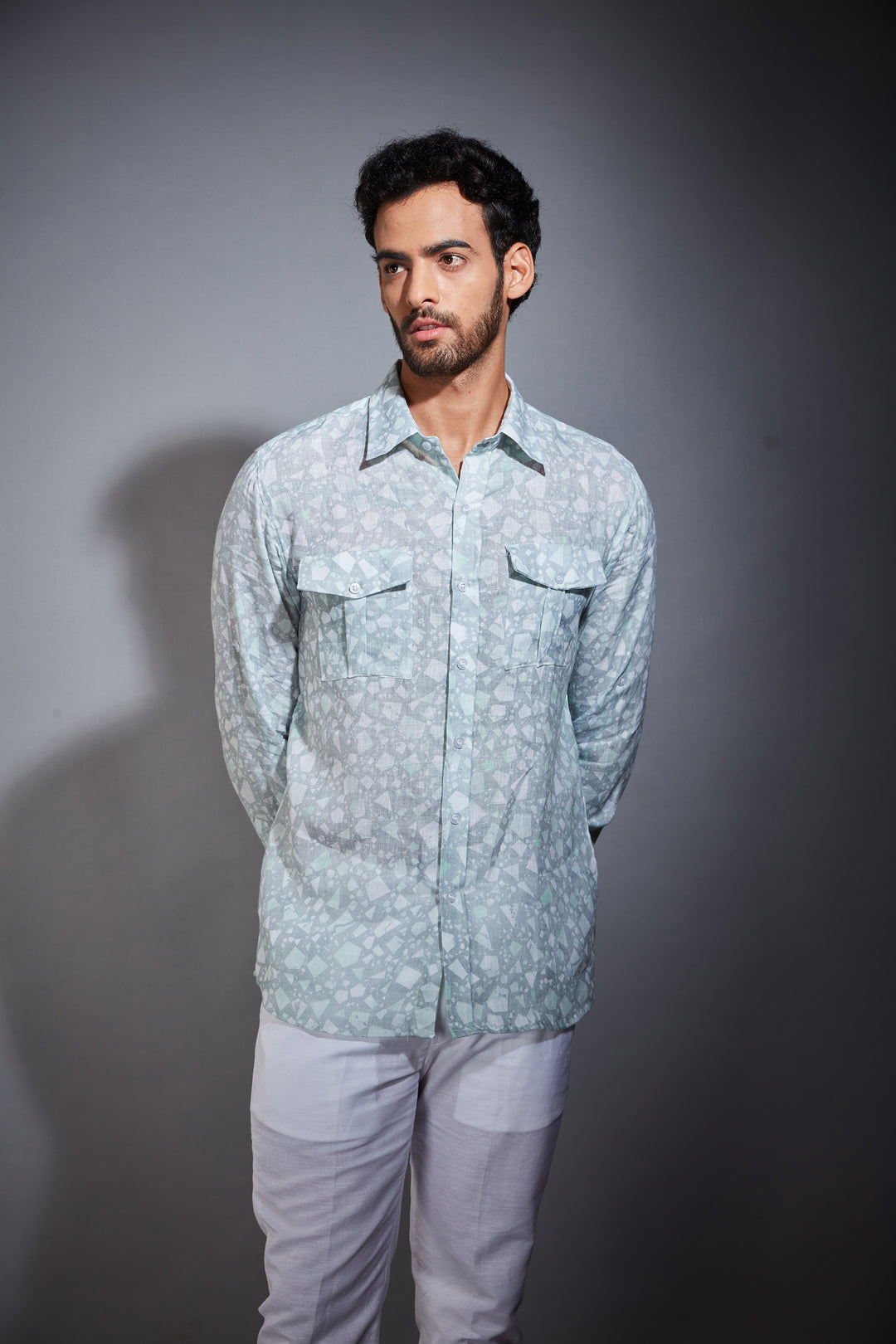 LIGHT BLUE PRINTED LINEN SHIRT