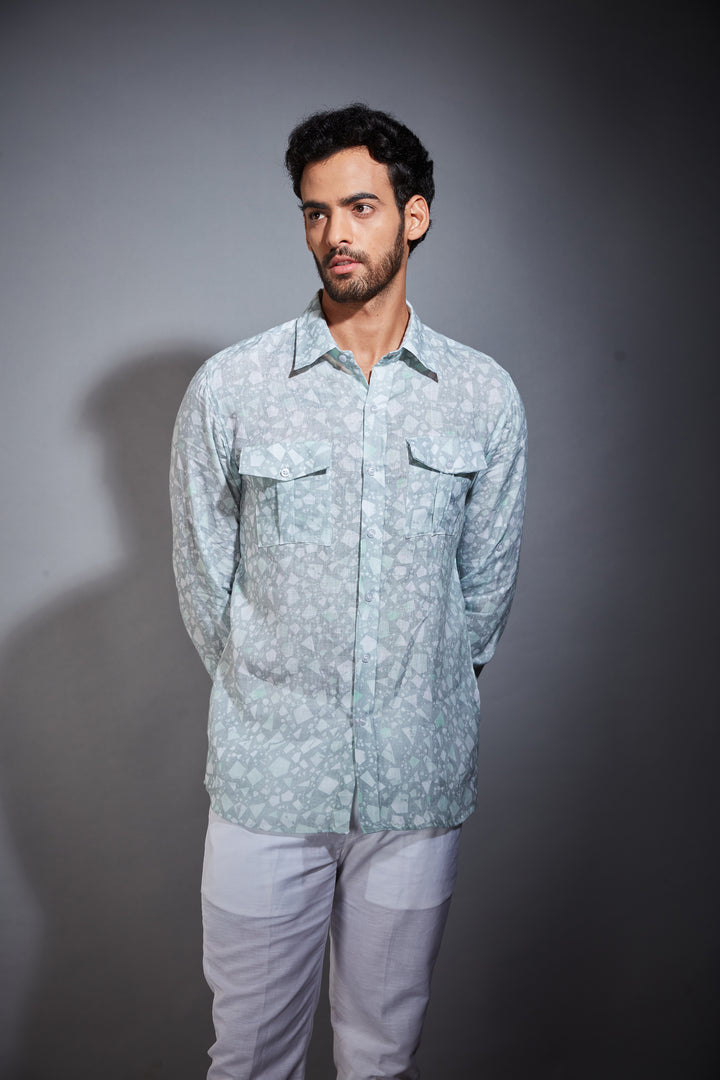 LIGHT BLUE PRINTED LINEN SHIRT