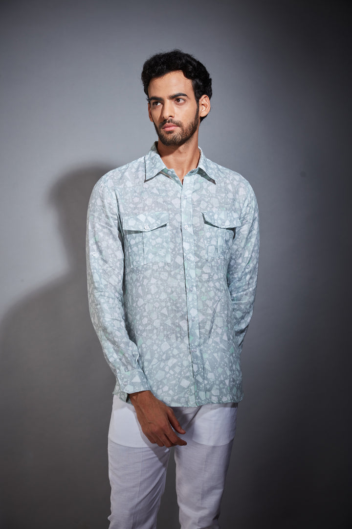 LIGHT BLUE PRINTED LINEN SHIRT