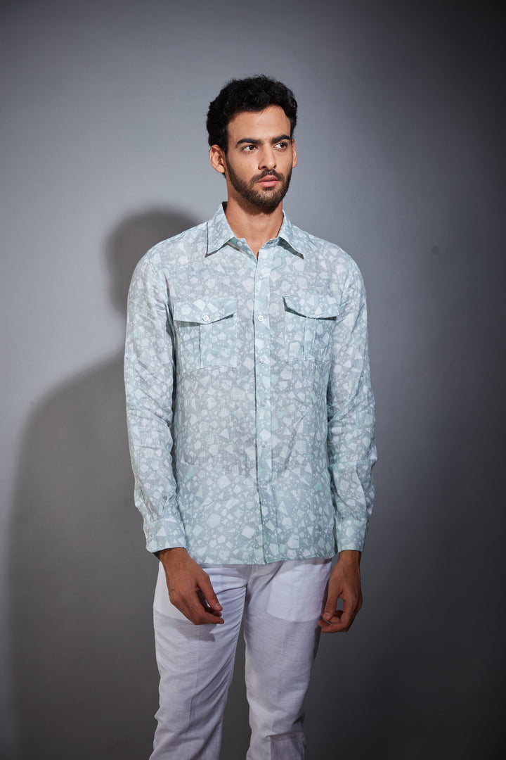 LIGHT BLUE PRINTED LINEN SHIRT
