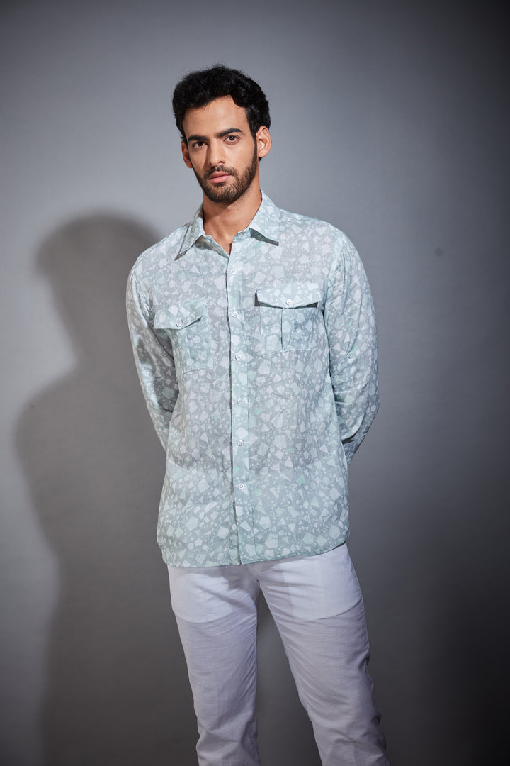 LIGHT BLUE PRINTED LINEN SHIRT