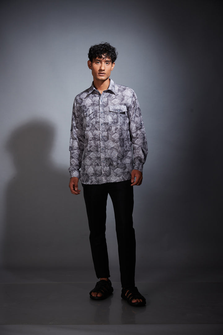 BLACK PRINTED LINEN SHIRT