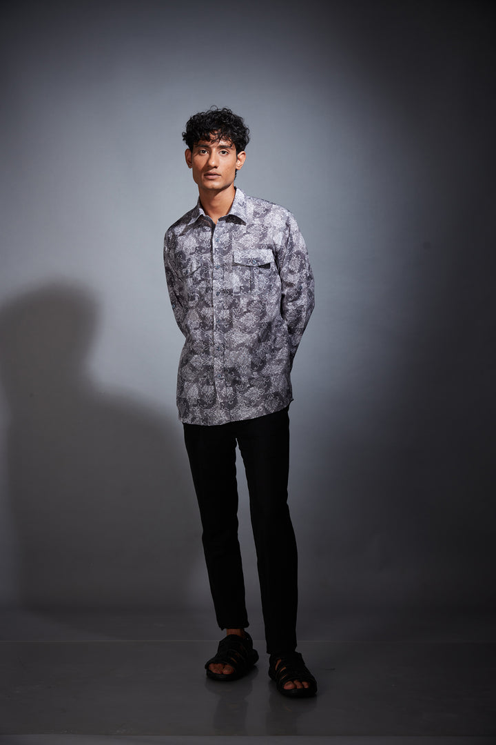 BLACK PRINTED LINEN SHIRT