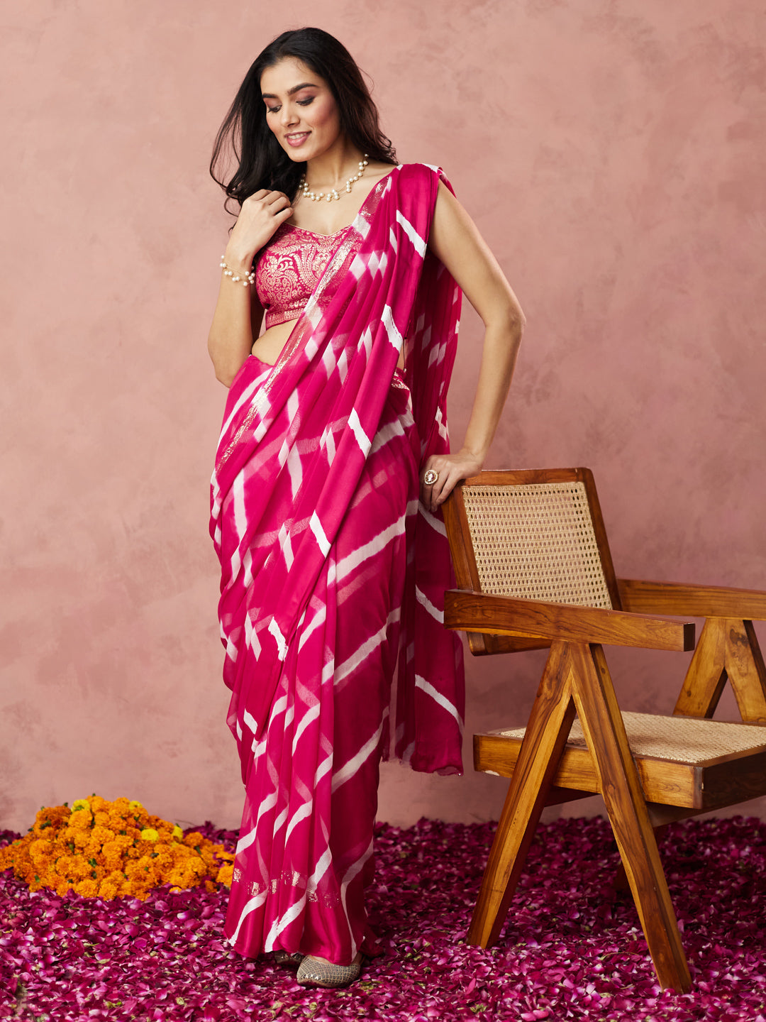 Fuchsia Striped Tie-Dye Saree