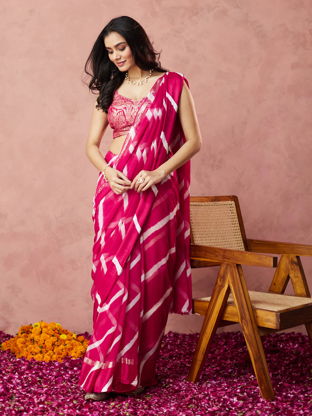 Fuchsia Striped Tie-Dye Saree