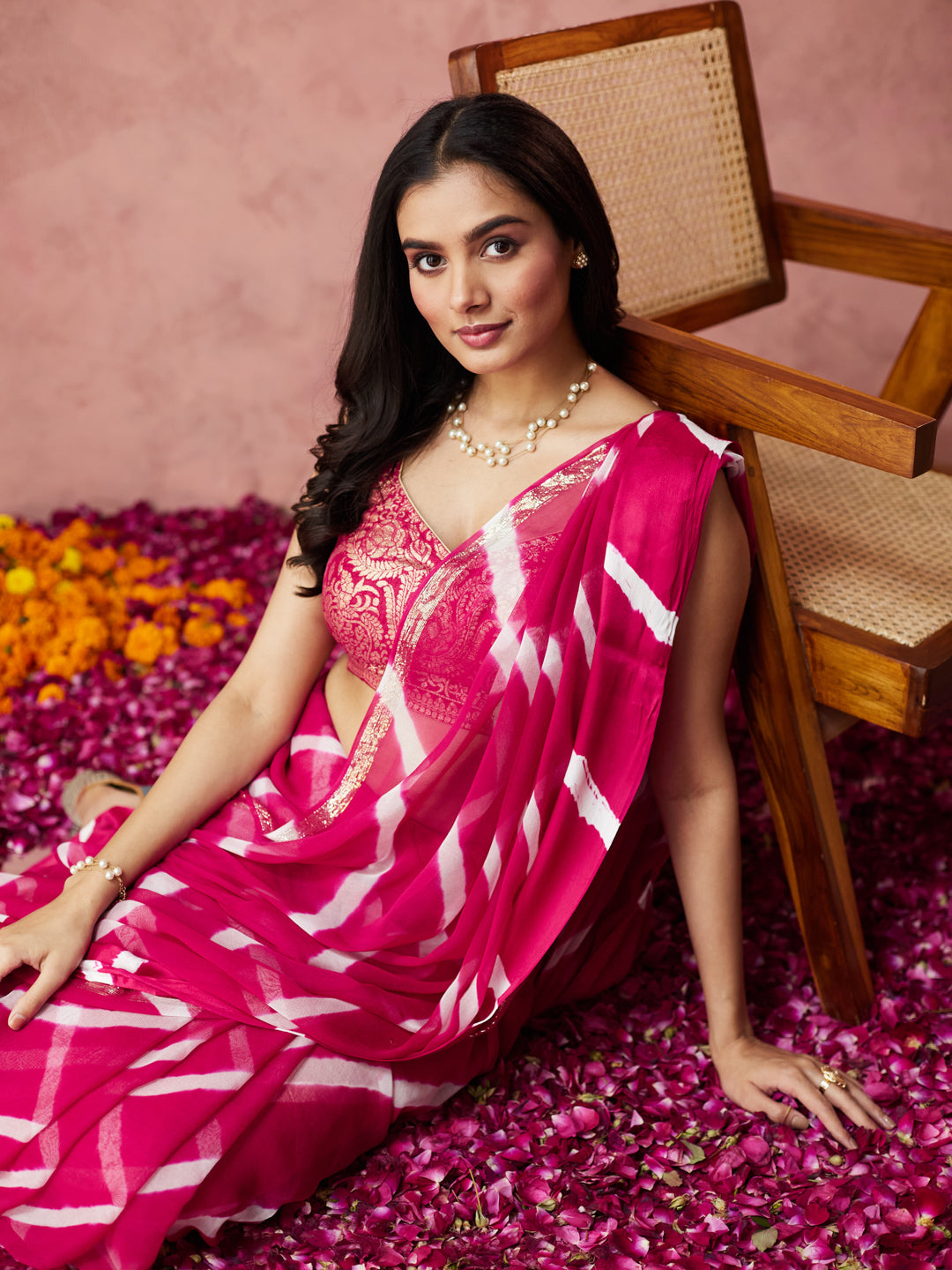 Fuchsia Striped Tie-Dye Saree