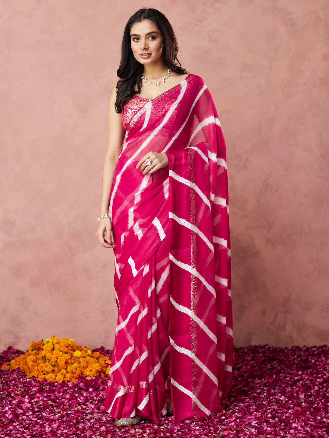 Fuchsia Striped Tie-Dye Saree