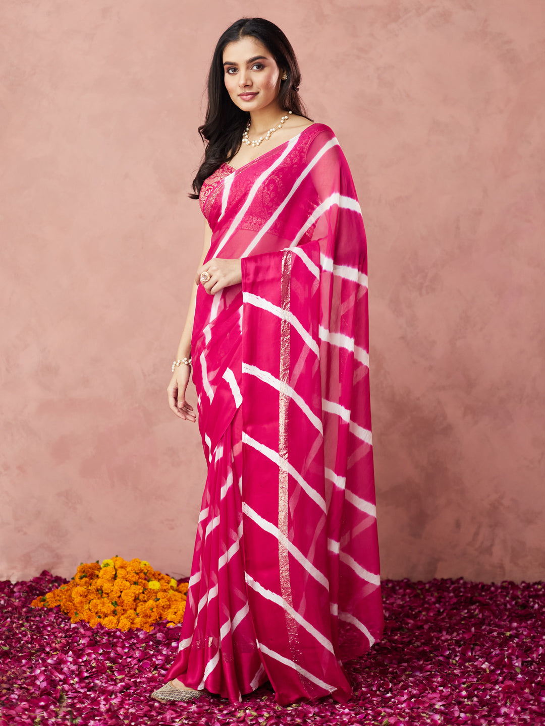 Fuchsia Striped Tie-Dye Saree