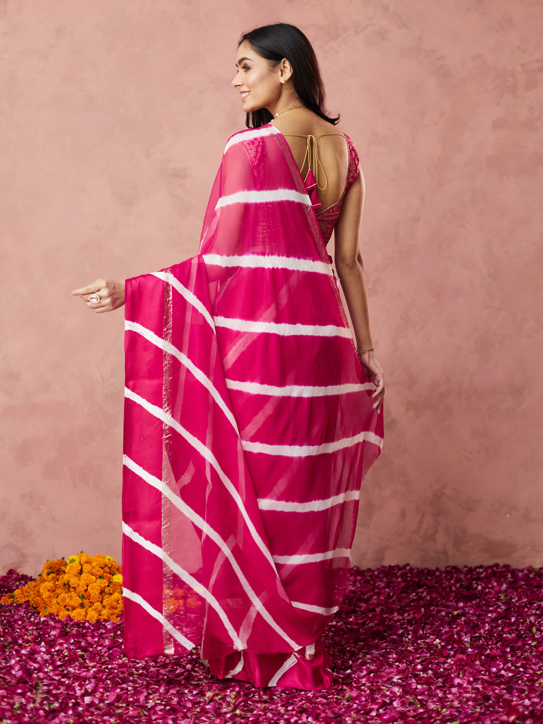 Fuchsia Striped Tie-Dye Saree