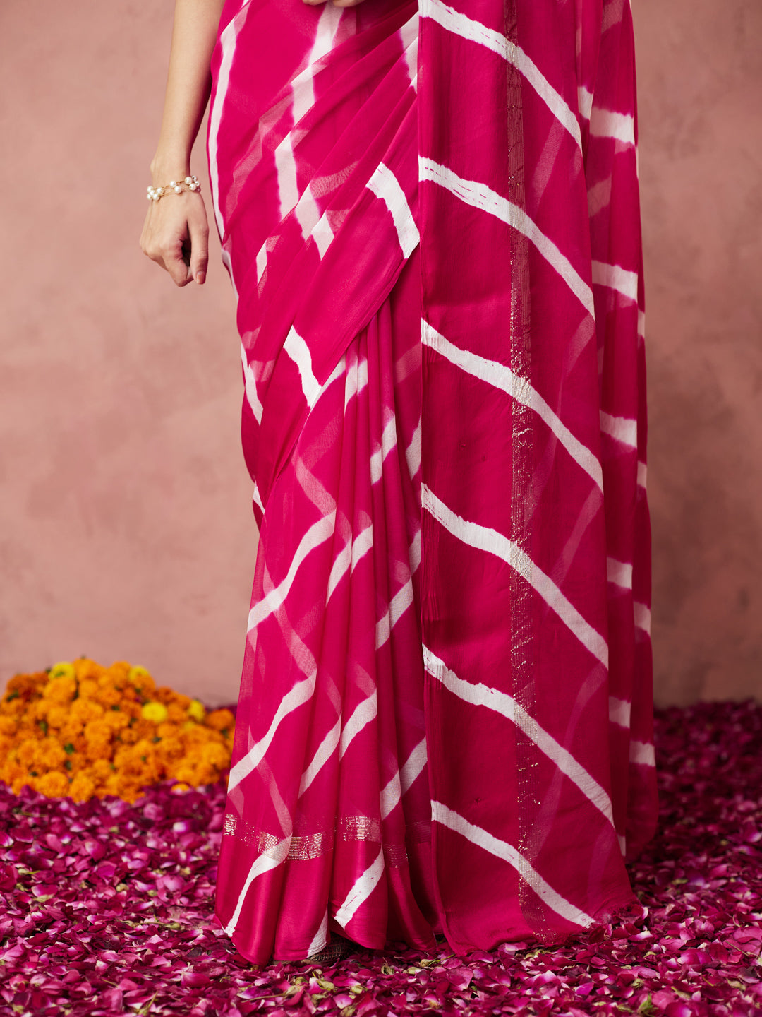 Fuchsia Striped Tie-Dye Saree