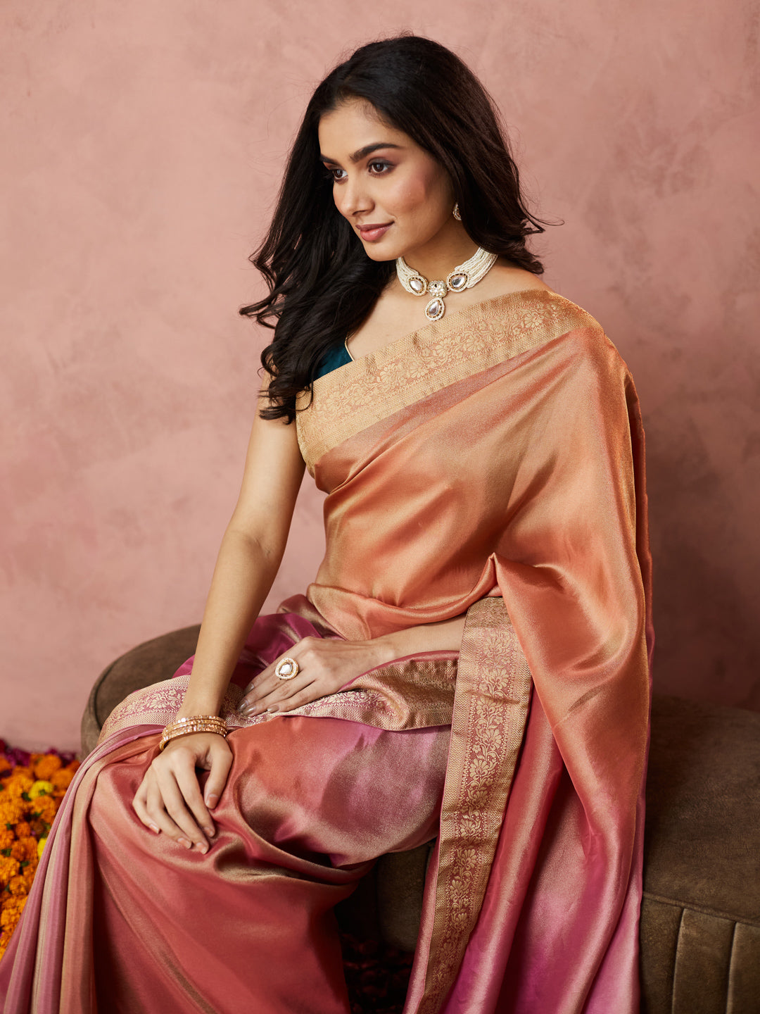 Rose Gold Kanjivaram Silk Saree