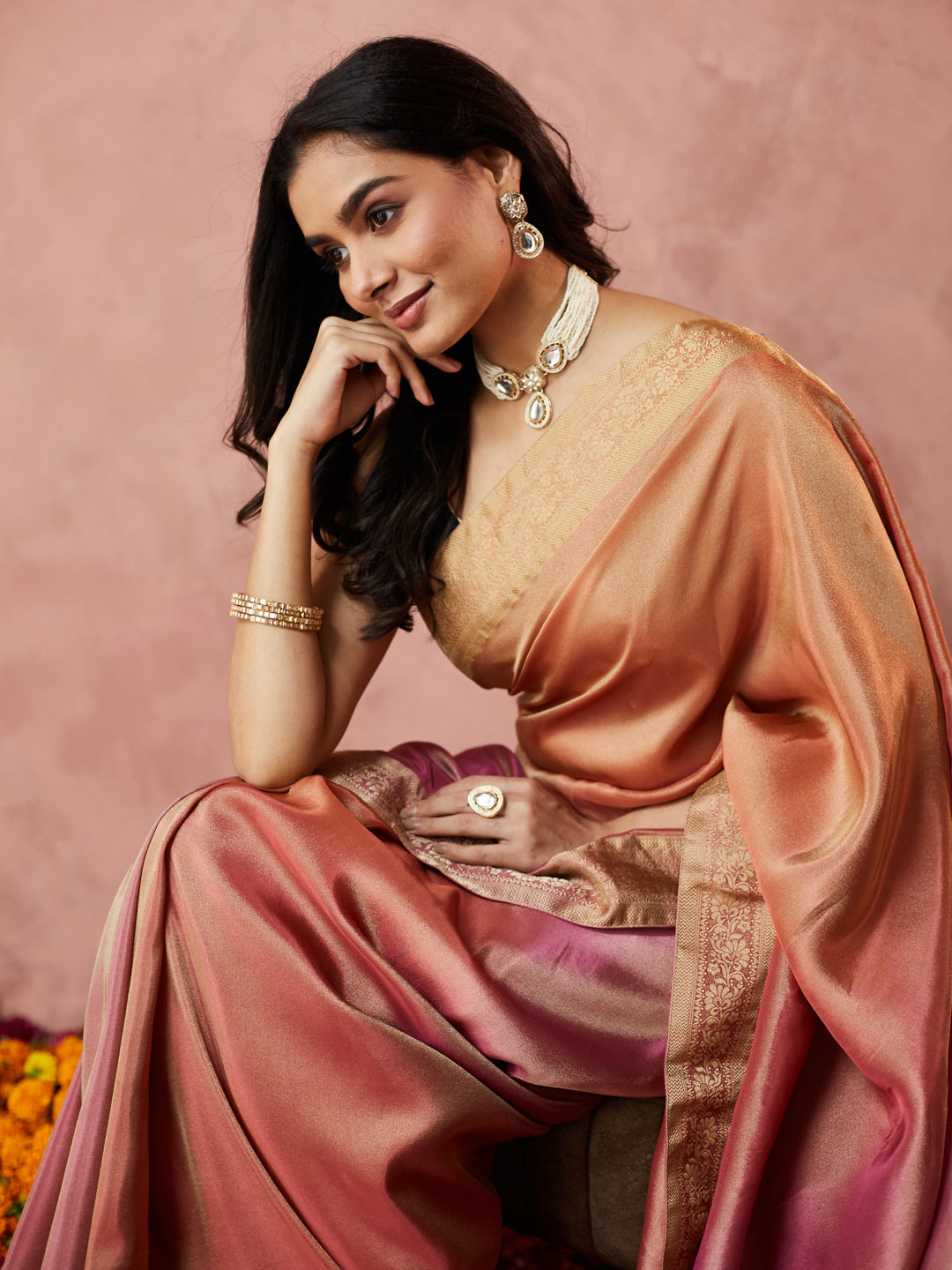 Rose Gold Kanjivaram Silk Saree