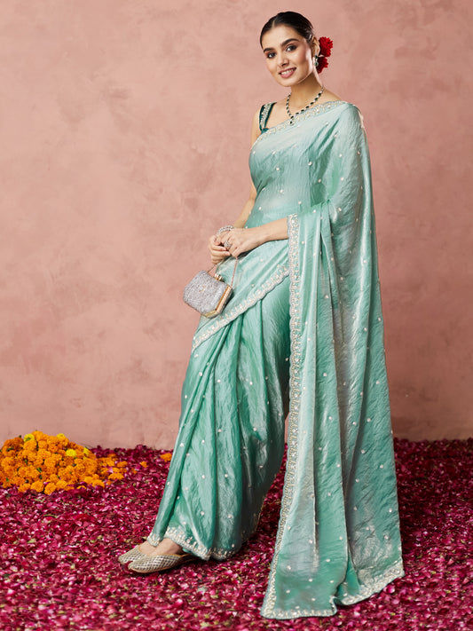 Aqua Sheen Embellished Saree