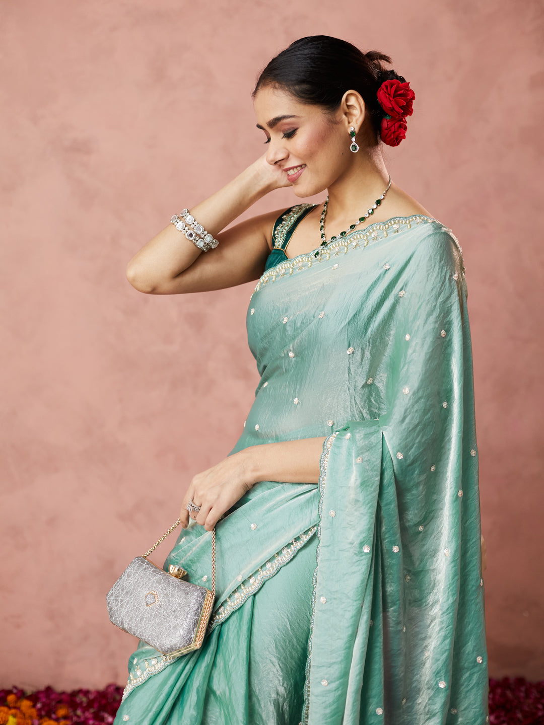 Aqua Sheen Embellished Saree