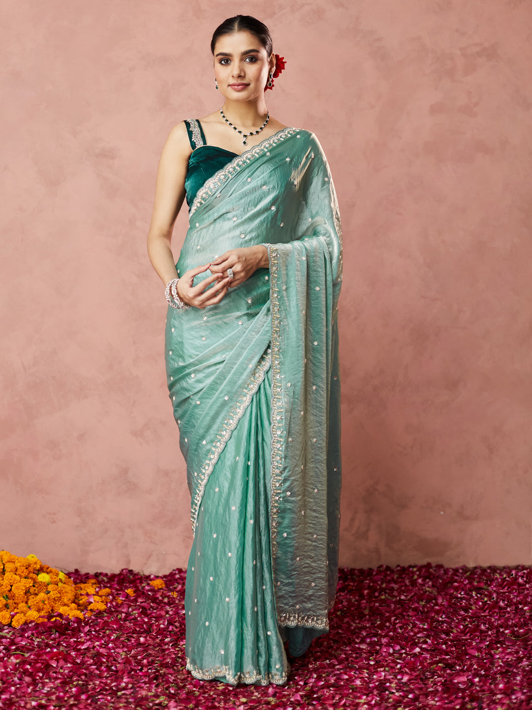 Aqua Sheen Embellished Saree