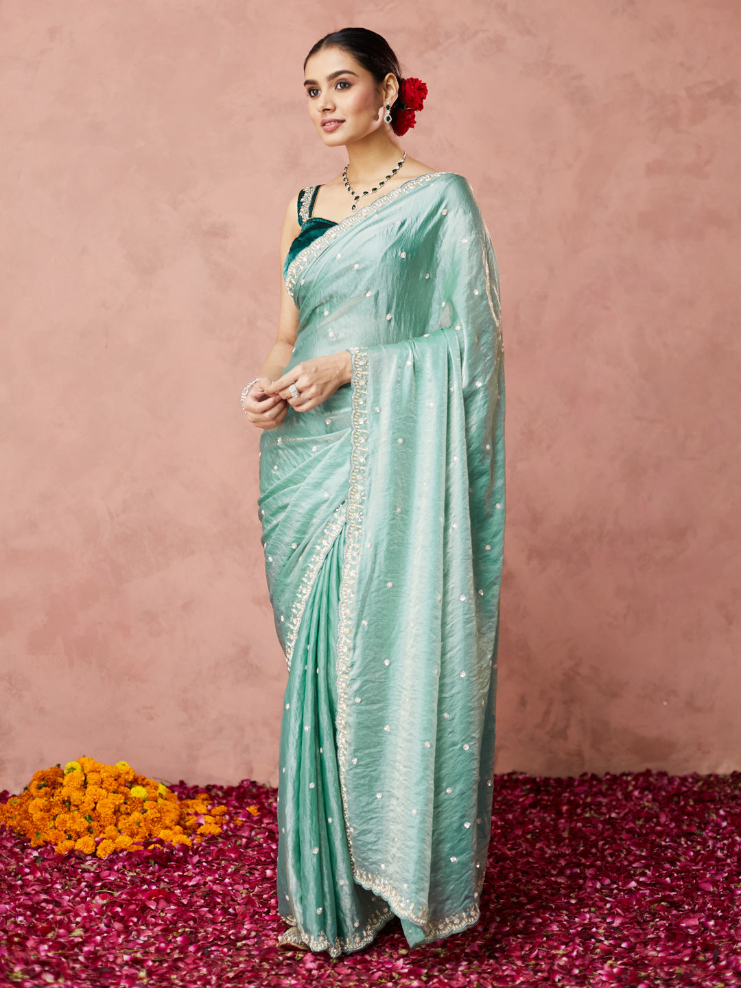 Aqua Sheen Embellished Saree