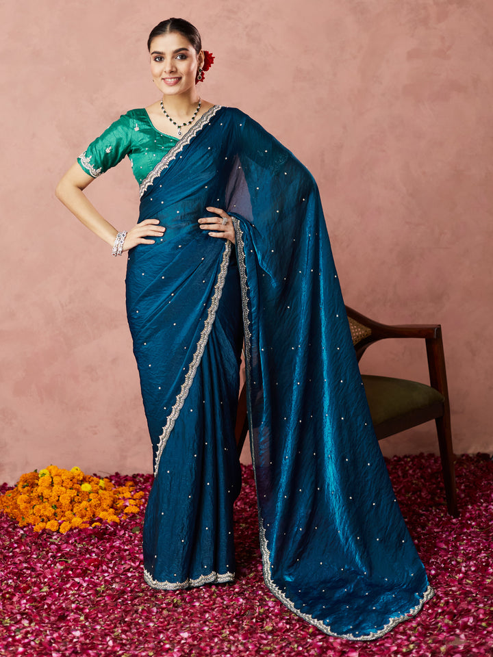 Teal Elegance Embellished Saree