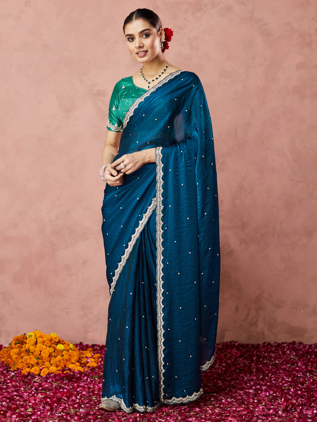 Teal Elegance Embellished Saree