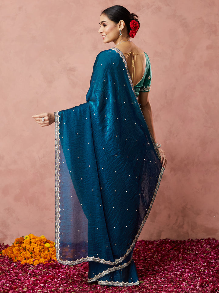 Teal Elegance Embellished Saree