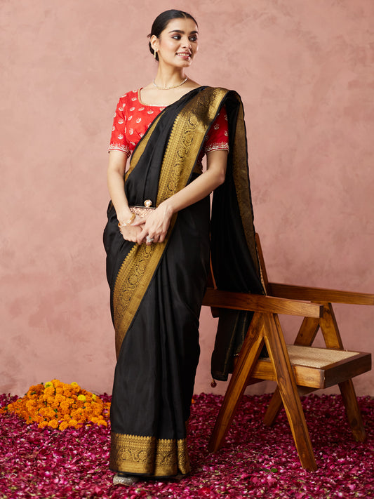 Classic Black Saree with golden border and readymade blouse