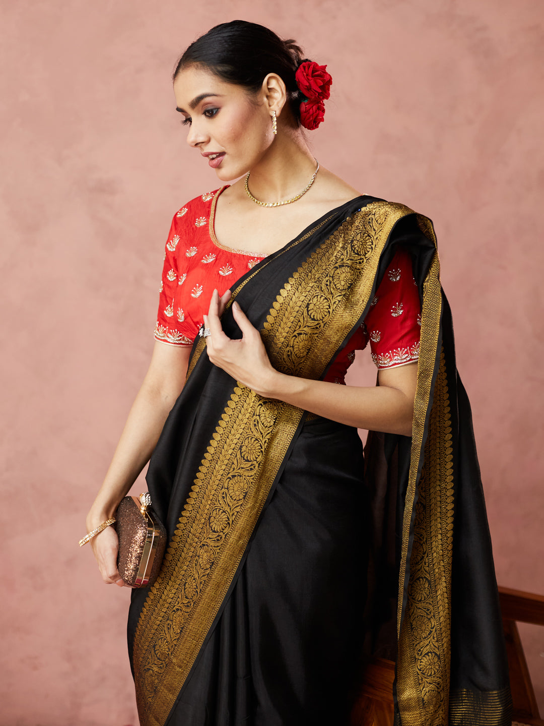 Classic Black Saree with golden border and readymade blouse