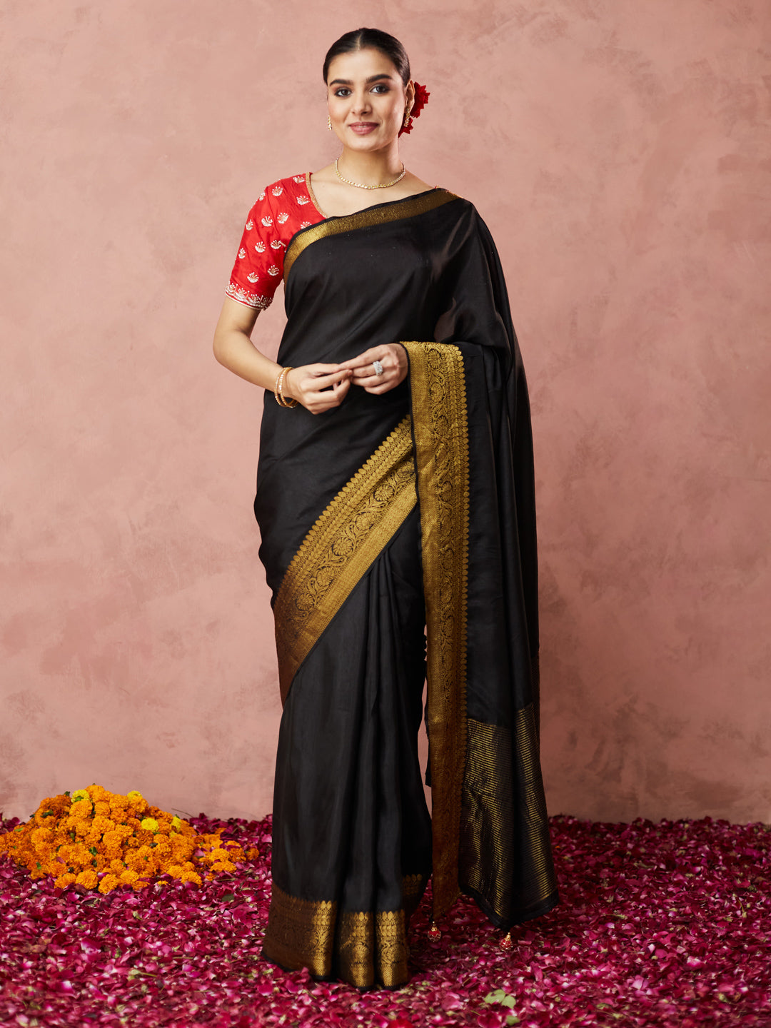 Classic Black Saree with golden border and readymade blouse