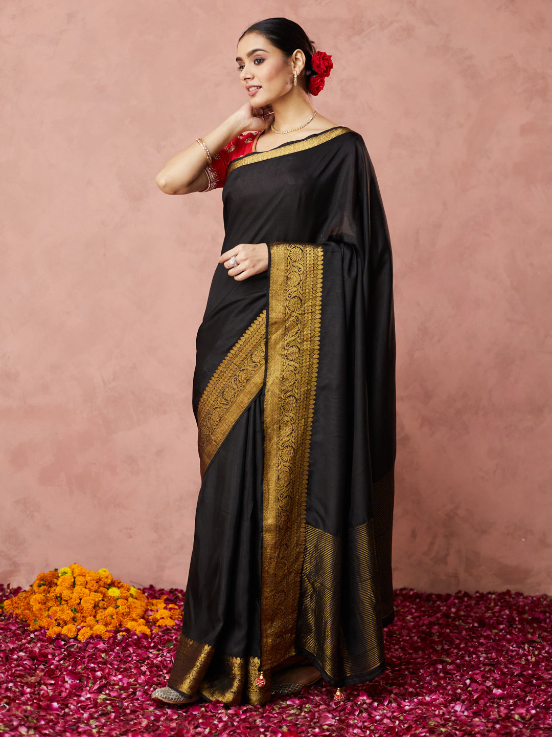 Classic Black Saree with golden border and readymade blouse