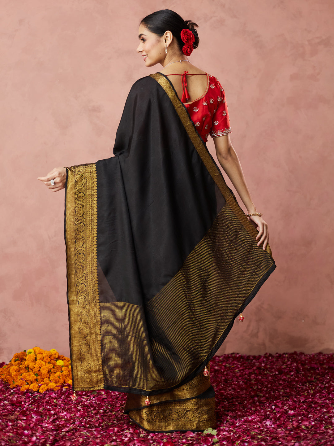 Classic Black Saree with golden border and readymade blouse