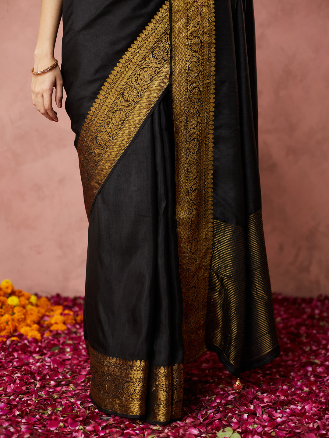 Classic Black Saree with golden border and readymade blouse