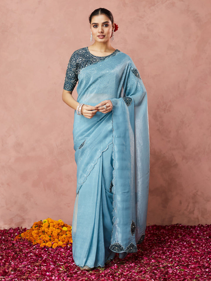 Powder Blue Embroidered Elegance Saree