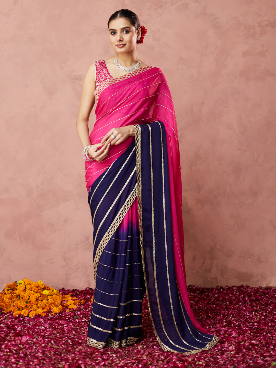 Radiant Pink and Navy Ombre Saree