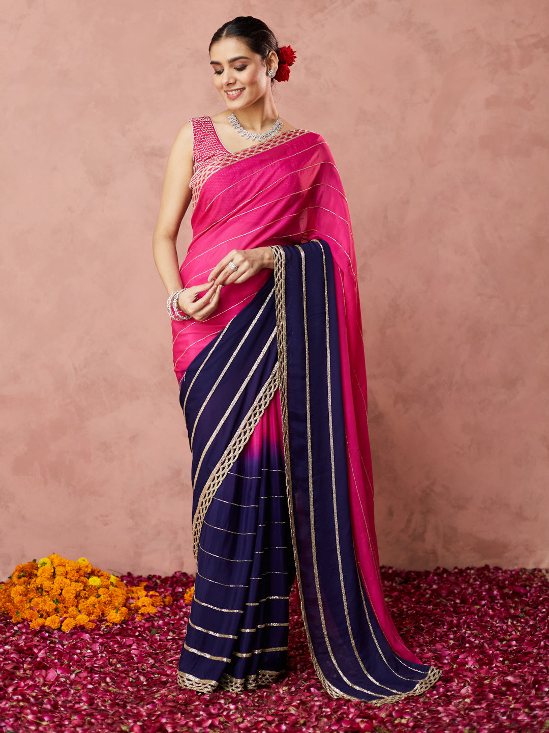 Radiant Pink and Navy Ombre Saree