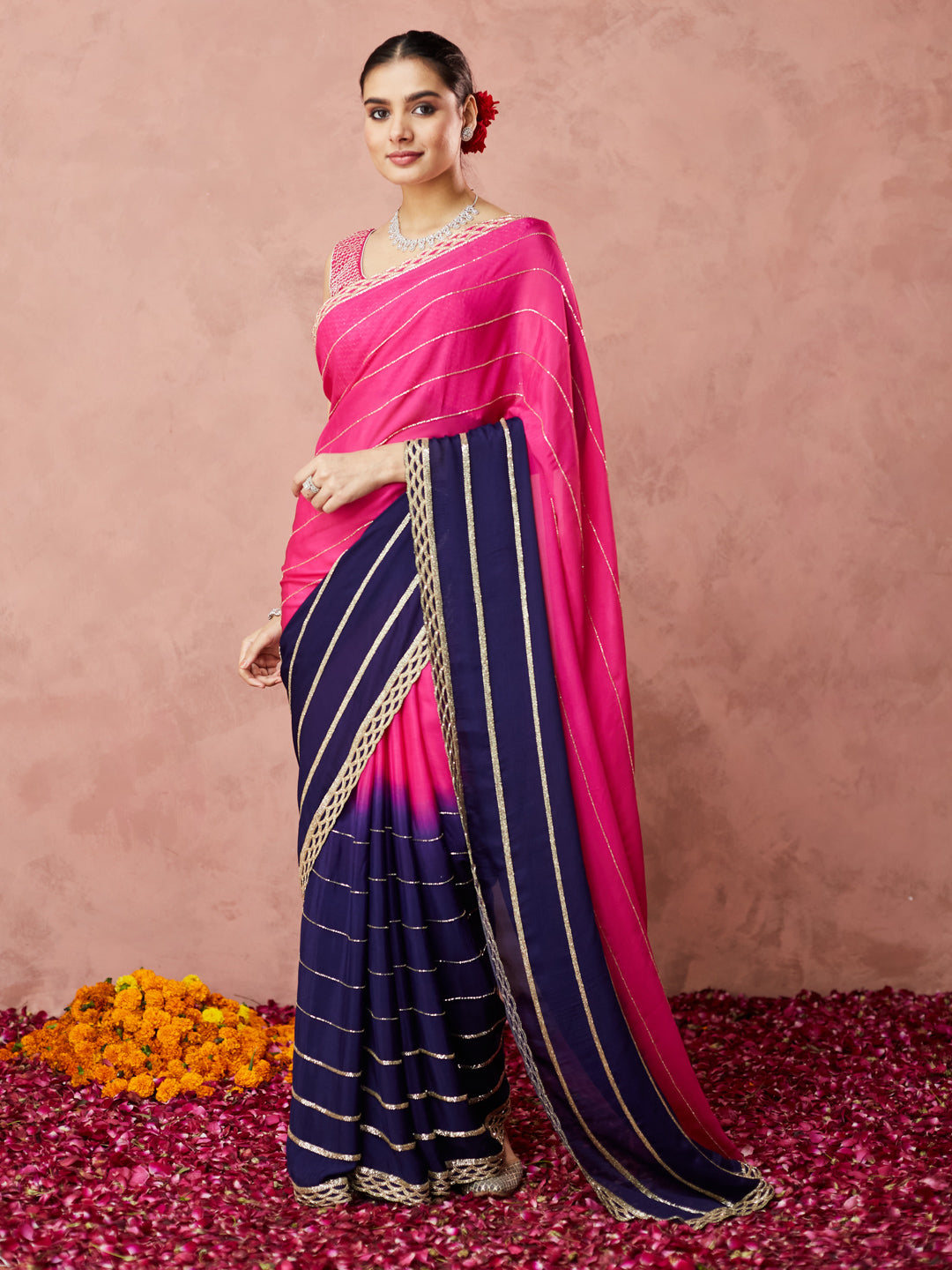 Radiant Pink and Navy Ombre Saree