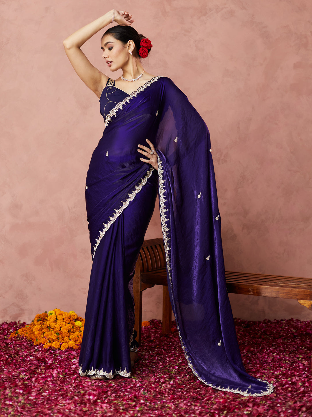 Midnight Blue Embellished Saree with handwork