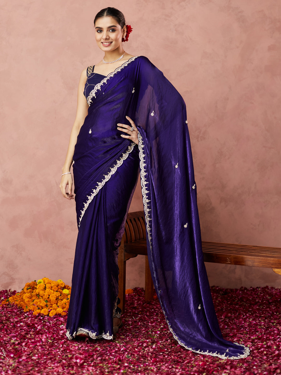 Midnight Blue Embellished Saree with handwork