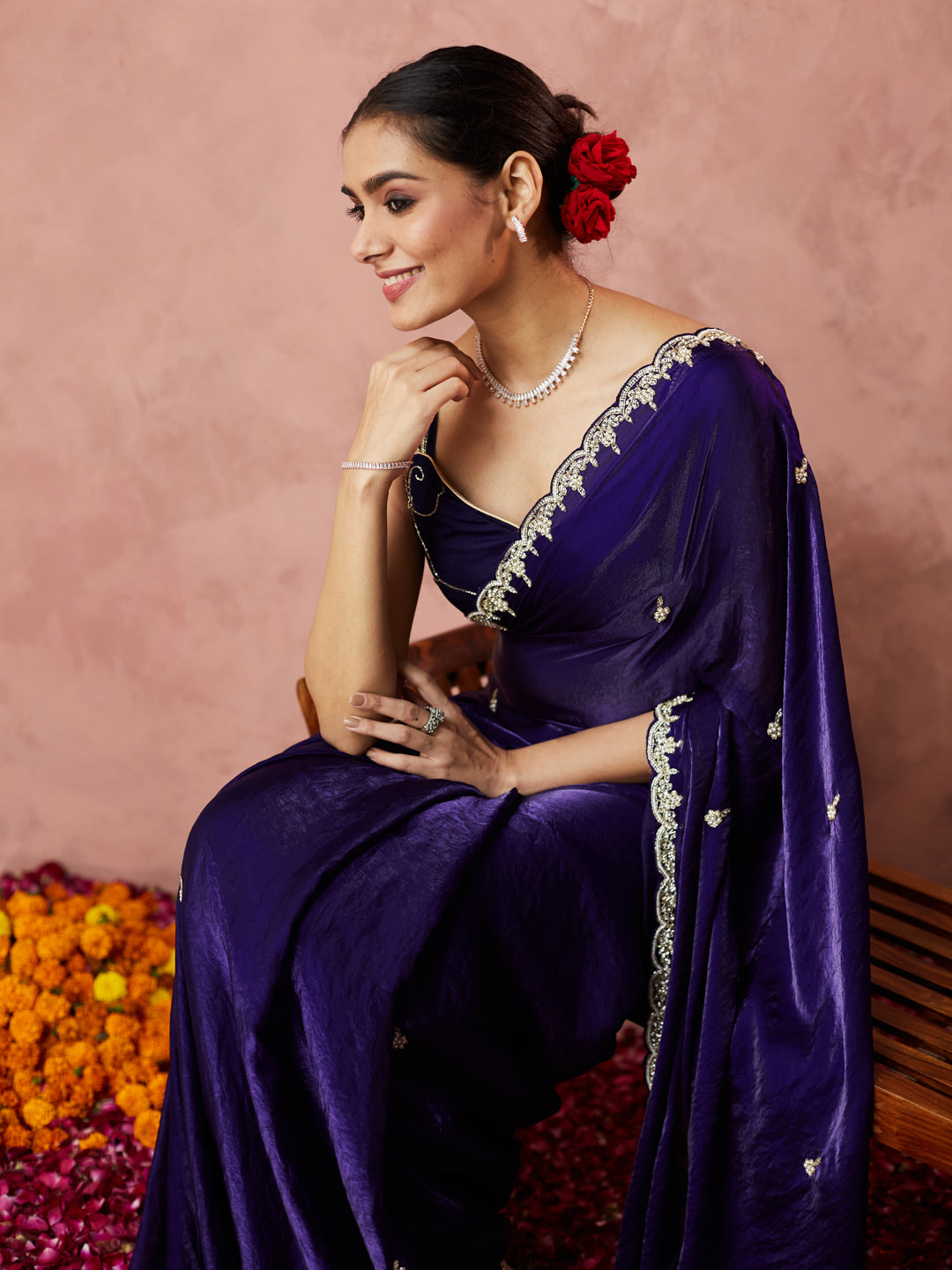 Midnight Blue Embellished Saree with handwork