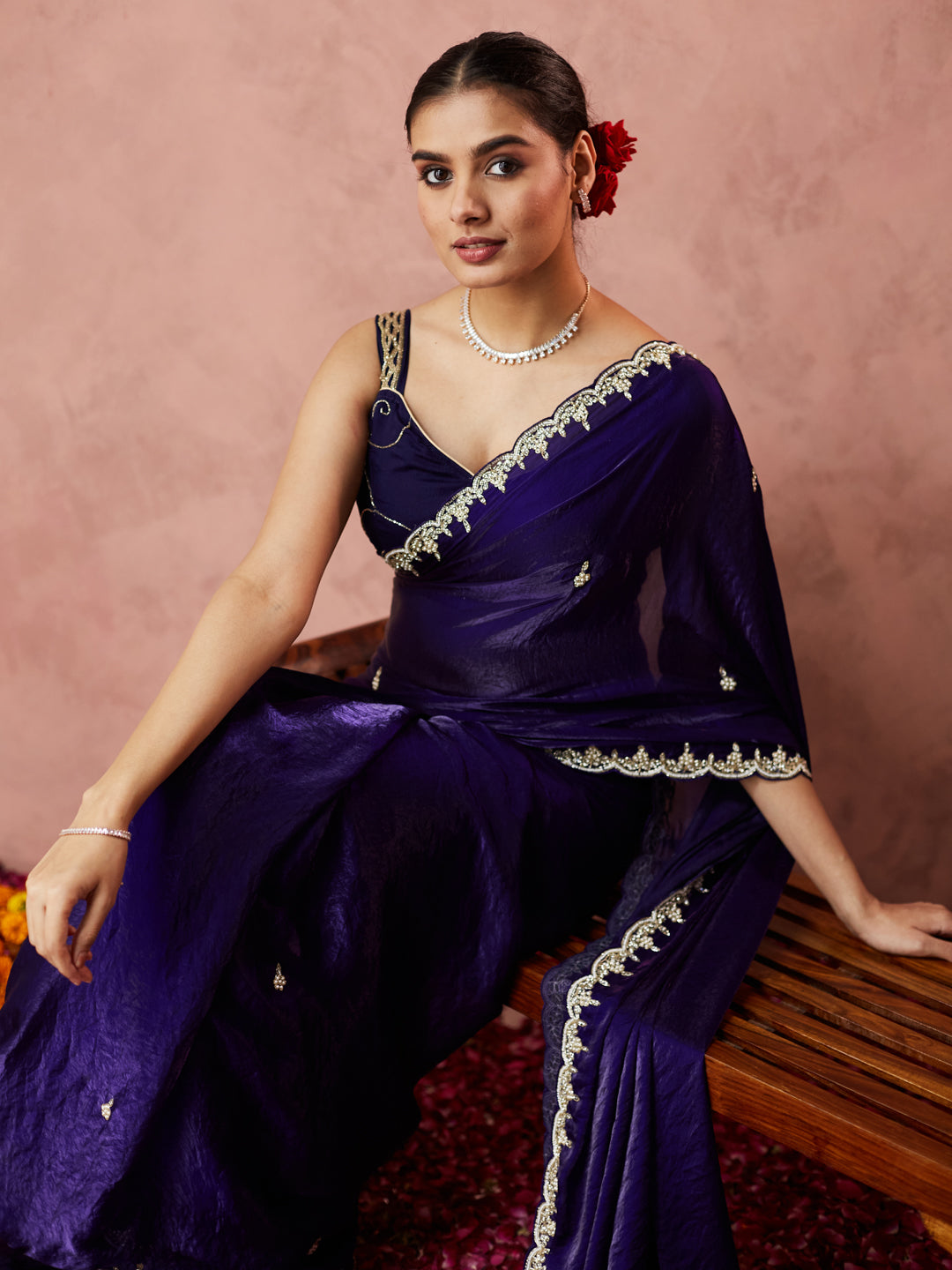 Midnight Blue Embellished Saree with handwork