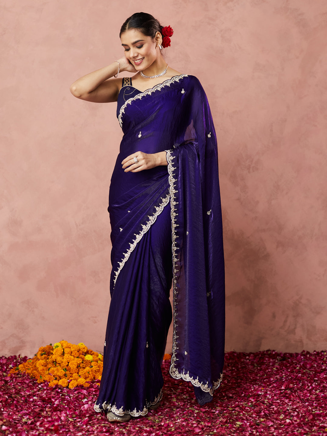 Midnight Blue Embellished Saree with handwork