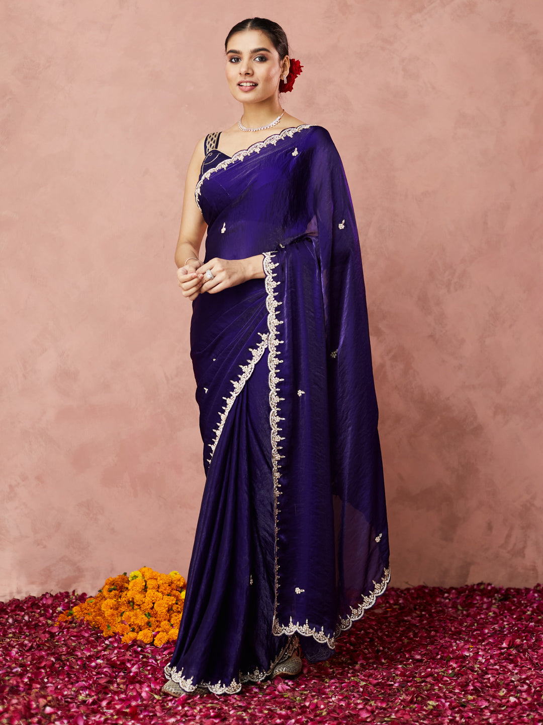 Midnight Blue Embellished Saree with handwork