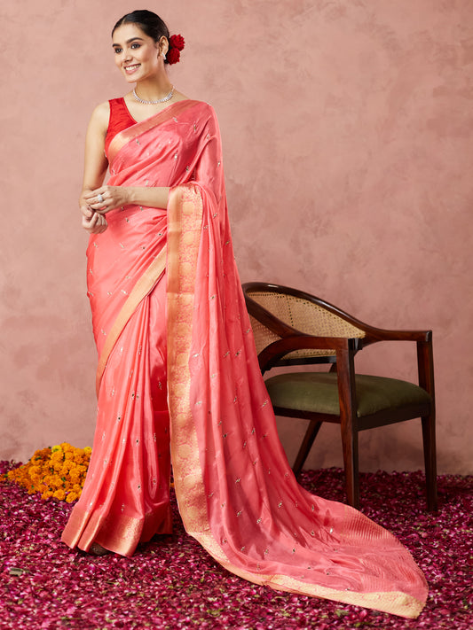 Coral Glow Silk Saree with embroidery